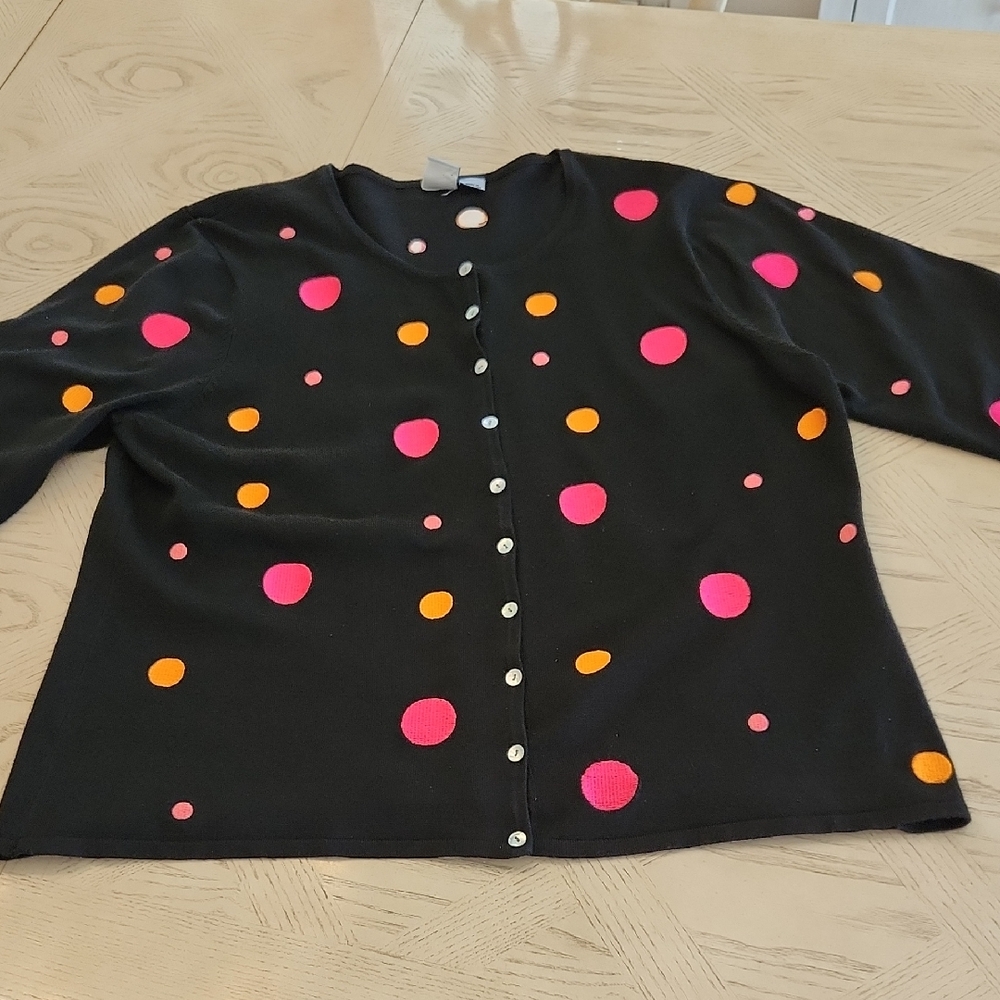 Whimsy Black Button Down Cardigan with Pink and Orange Dots Size 2X